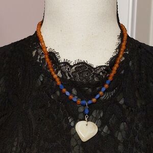 Heart Shaped Clear Quartz Carnelian Glass Beads Blue Dyed Bone Beaded Necklace